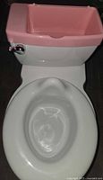 Actual white and pink potty showing seat, bowl, and flush handle