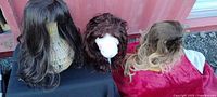 Rear view of three wigs showing hair length and color