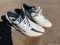 Top view of both shoes showing white uppers, navy accents, laces intact