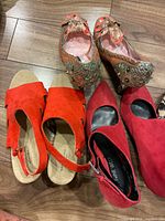 All four pairs arranged: Irregular Choice, Banana Republic, Nine West, partial black sandals