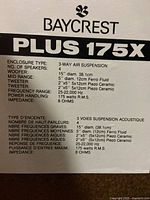 Specification label showing Baycrest Plus 175X model details and technical specifications.