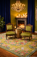 Both Eastlake chairs staged in room setting, front three-quarter view showing carving and upholstery