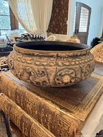 Full view of West German relief pottery bowl on table