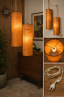 Both lamps hanging illuminated, detail of interior and plug