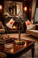 Staged view of brass double desk lamp on table in living room setting