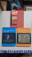 Front side of the three books showing title covers: red for Year By Year, blue for The Uncharted Nations, and orange for The Owners of Eden.