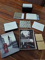 Top view showing the box with London-themed blank cards, thank you cards, small blank note cards, red envelopes, and gold seal stickers.