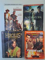 Front covers of four DVD TV series box sets: The Bonanza Collection, Supernatural, Hercules Season One, Sleeper Cell