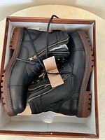 Top-down view of men's winter boots with leather uppers, side zipper, laces and knit padded collar inside original box.