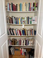 Full closet shelf of multiple shelves filled with books