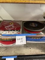 Stack of circular saw blades on shelf