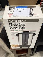 Front of original box showing West Bend 12-30 Cup Party Perk coffee urn