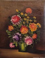 Full view of the floral oil painting showing bouquet in a green vase with a dark brown background.