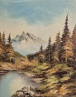 Oil painting of snow-capped mountain landscape with trees and river, highlighting natural scenery and textured brushwork.