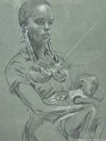 Painting showing African woman with earrings, holding a sleeping child, detailed grayscale portrait.