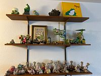 Overall view of three shelves with frog collectibles