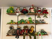 Overall view of three shelves showing entire frog collection
