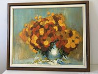 Full view of framed painting showing bouquet and frame