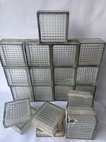 Front view of stacked glass blocks showing quantity and condition