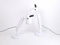 Two white giraffe shape table lamps side by side showing flexible arm positions and black and white braided cords.