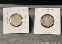 Obverse of 1908 and 1912 Liberty Head nickels in holders