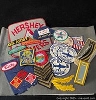 Overview of assorted vintage patches and insignia spread on cloth