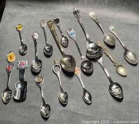 All 16 spoons laid out, mixed sizes and finishes