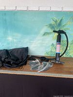 All accessories laid out: pump, leash, fins in bags, storage bag