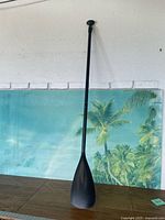 Full view of black paddle leaning against wall