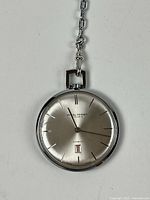 Front view of pocket watch showing dial, case and crystal