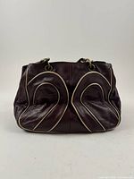 Front view purple leather Gap satchel with piping