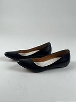 Side view of both ballet flats showing profile, leather finish and condition