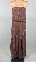 Front view of strapless patterned midi dress on mannequin