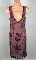 Front view Alannah Hill sheer plum dress with velvet floral pattern