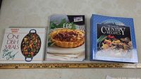 Three cookbooks arranged side by side with ruler for scale
