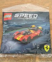 Front of sealed LEGO Speed Champions 30709 Ferrari 499P Hypercar polybag showing artwork, age rating, piece count.