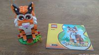 Front view of assembled LEGO tiger next to instruction booklet