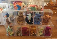 Overall frontal view showing all 13 Beanie Babies stacked in acrylic cases