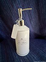 Full view of porcelain soap dispenser showing pump, body and script logo