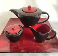Teapot, sugar bowl, creamer on square platter showing color scheme