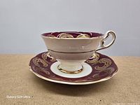 Side view of Foley burgundy and gold teacup on saucer