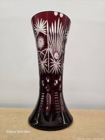 Front view of ruby red cut to clear vase