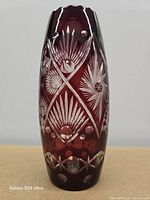 Front view ruby cut to clear vase showing pinwheel pattern