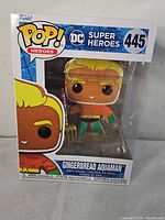 Front view of boxed Funko Pop Gingerbread Aquaman #445