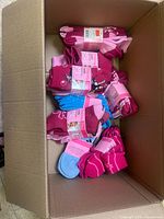 Top view of box showing new tagged children’s socks