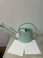 Full view of mint watering can showing size, handles and spout