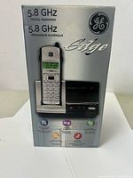 Front of sealed GE Edge 5.8 GHz cordless phone box showing handset, base and key features