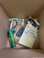 Top view showing manga, aerosol can, cable, novelty card, stationery pack