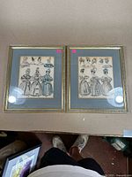 Two framed fashion prints from 1833 showing multiple women in period attire arranged in rows.