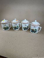 Full view of all four Chinese hand-painted porcelain mugs with lids, arranged in a row showing artwork and general condition